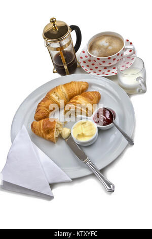 Petit-déjeuner croissant pour une personne sur fond blanc Banque D'Images