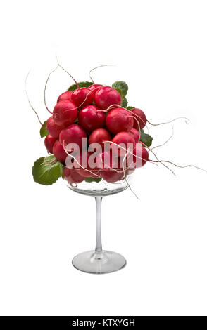 Bouquet de radis dans grand verre sur fond blanc Banque D'Images