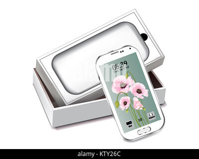 White téléphone mobile avec emballage blanc isolé Banque D'Images