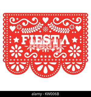 Fiesta Mexicaine papel picado vector design en papier rouge - partie garland découper avec des fleurs et des formes géométriques Illustration de Vecteur