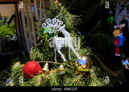 Arbre de Noël australien, avec décoration de rennes et d'autres babioles Banque D'Images