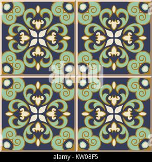 Motif de carreaux en céramique vintage vert bleu croix spirale kaléidoscope. Illustration de Vecteur
