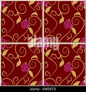 Motif carreaux de céramique de la feuille d'or spirale violet rose rose fleur de vigne Illustration de Vecteur