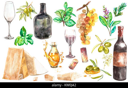 Set de vin avec olives et fromage parmesan, vin rouge et les raisins. Produits de vinification au croquis style. Illustration à l'aquarelle avec le baril, de verre, de raisin Banque D'Images