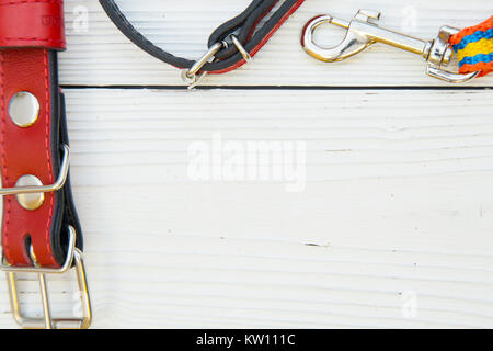 Prendre votre animal de compagnie pour une promenade. Collier en cuir rouge et d'un textile lumineux laisse avec fermoir chrome sur un fond de bois blanc. L'espace pour un texte ou l'image Banque D'Images