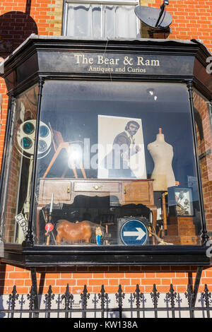 'Affichage de vitrine de l'ours & Ram' Antiquités et curiosités shop le long de Old Northam Road, Southampton, England, UK Banque D'Images
