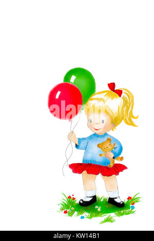 Cute Cartoon Girl with balloons debout dans le gras Banque D'Images