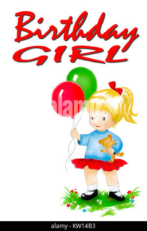 Cute Cartoon Girl with balloons debout dans le gras Banque D'Images