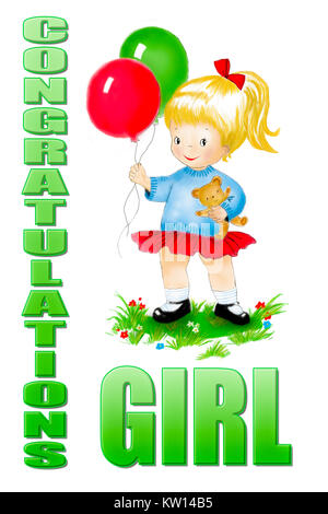 Cute Cartoon Girl with balloons debout dans le gras Banque D'Images