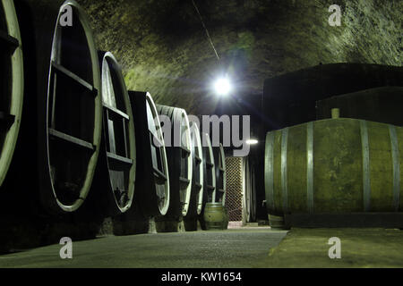 Des tonneaux de vin à l'intérieur de sous-sol sombre en Croatie Banque D'Images