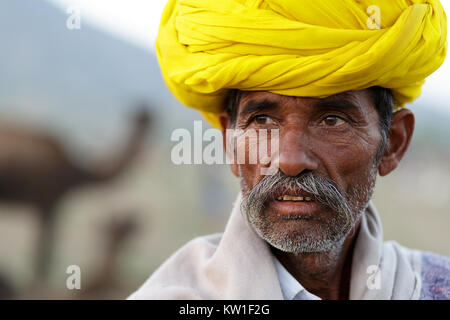 Scène à Pushkar Camel Fair, portrait d'homme en turban jaune, Pushkar, Ajmer, Rajasthan, Inde Banque D'Images