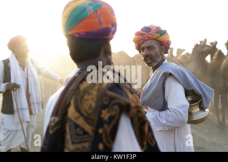 Les commerçants avec leur troupeau de chameaux de parler les uns aux autres au cours de l'assemblée annuelle de chameau de Pushkar fair, Pushkar, Rajasthan, India Banque D'Images