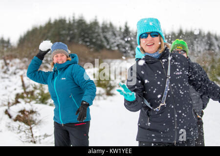 Denbighshire, UK. Dec 29, 2017. Météo britannique. Une vague de froid avec de la neige provoque des perturbations pour de nombreuses régions du nord de l'Angleterre, Pays de Galles, et l'Ecosse avec un peu de profiter de l'hiver autour de Llyn Brenig dans Denbighshire avec un snow ball Crédit : DGDImages lutte/Alamy Live News Banque D'Images