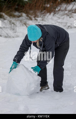 Denbighshire, UK. Dec 29, 2017. Météo britannique. Une vague de froid avec de la neige provoque des perturbations pour de nombreuses régions du nord de l'Angleterre, Pays de Galles, et l'Ecosse avec un peu de profiter de l'hiver autour de Llyn Brenig dans Denbighshire faire un bonhomme de neige dans la neige profonde Crédit : DGDImages/Alamy Live News Banque D'Images