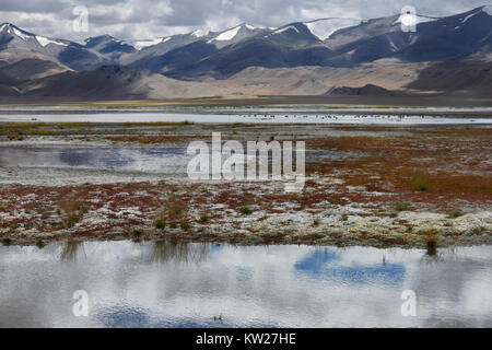 Orage sur le lac de haute montagne : sombres nuages lourds descendent vers les sommets des collines et se reflètent dans la surface de l'eau, le Ladakh, Himalaya Banque D'Images