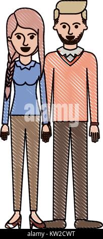 Crayon de couleur en couple et sa silhouette avec corsage à manches longues et des pantalons et chaussures de talon avec tresse et fringe hairstyle et barbe de lui et chandail et pantalons et chaussures avec parted hairstyle Illustration de Vecteur