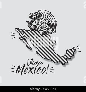 Viva Mexico poster avec carte rayé et emblème de l'aigle avec snake en silhouette noire Illustration de Vecteur