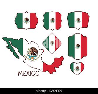 Le Mexique affiche avec la carte et l'insigne des modèles avec des drapeaux mexicains en silhouette colorée Illustration de Vecteur