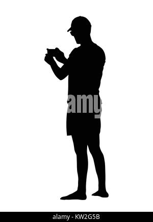 Une silhouette noire d'un homme dans un plafond qui est de photographier quelque chose sur le téléphone. Illustration de Vecteur