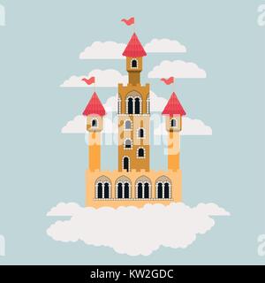 Petit château de contes de fées en ciel entouré par les nuages en silhouette colorée Illustration de Vecteur