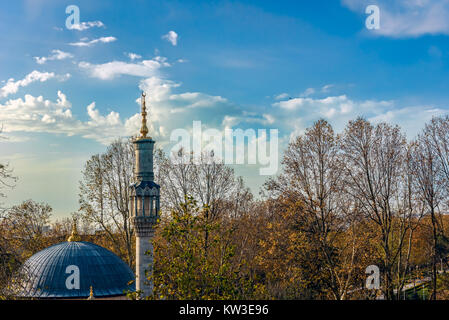 Une Mosquée Cathédrale et de son minaret en face d'un bois avec des feuilles rougeâtres sous beau ciel bleu avec des nuages blancs moelleux Banque D'Images