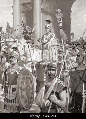 Scipio's retour triomphal à Rome en 202 avant JC. Publius Cornelius Scipio africanus, 236-183 avant J.-C., aka Scipion l'Africain, Scipion, Africanus-Major Scipion l et Scipion le Grand. Général romain et plus tard consul qui est souvent considéré comme l'un des plus grands généraux et stratèges militaires de tous les temps. Après la peinture de W.S. Bagdatopoulus. L'histoire de Hutchinson de l'ONU, publié en 1915. Banque D'Images