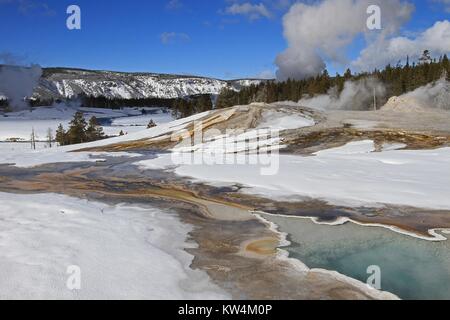 Coeur Printemps et groupe Lion dans la partie supérieure du Geyser Geyser Basin, Parc National de Yellowstone, Wyoming, Février, 2014. Image courtoisie Jim Peaco/Parc National de Yellowstone. Banque D'Images