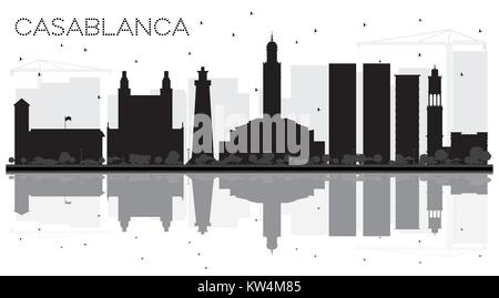 Casablanca Maroc ville silhouette noir et blanc avec des reflets. Vector illustration. Concept de voyages d'affaires. La ville de Casablanca Illustration de Vecteur