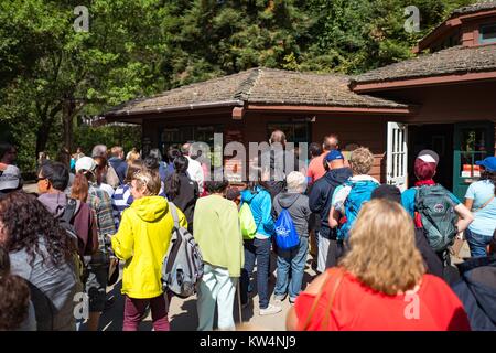 Les touristes attendre dans les lignes de payer les frais d'entrée pour Muir Woods National Monument, Mill Valley, Californie, le 5 septembre 2016. Banque D'Images