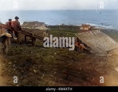 La viande salée travailleurs pour les renards sur les îles Pribilof, Alaska, 1918. Remarque : l'image a été colorisée numériquement à l'aide d'un processus moderne. Les couleurs peuvent ne pas être exacts à l'autre. Banque D'Images