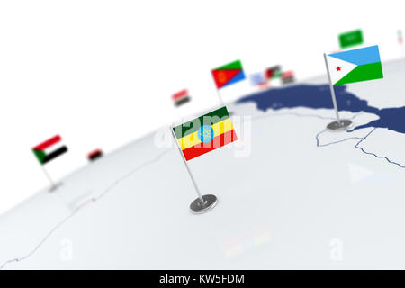 Drapeau de l'Éthiopie. Drapeau du pays avec mât de chrome sur la carte du monde avec les frontières des pays voisins. Drapeau de rendu 3d illustration Banque D'Images