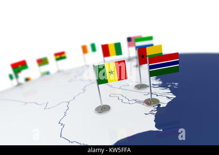 Drapeau du Sénégal. Drapeau du pays avec mât de chrome sur la carte du monde avec les frontières des pays voisins. Drapeau de rendu 3d illustration Banque D'Images