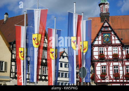 BAD Urach, Allemagne - CIRCA AOÛT 2015 Rathouse et les drapeaux sur la place du square Banque D'Images