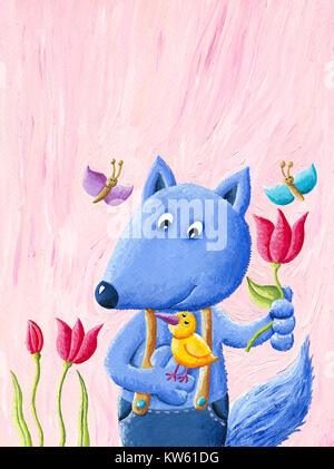 Illustration acrylique d'adorables petits Blue fox holding little Yellow bird dans le jardin Banque D'Images