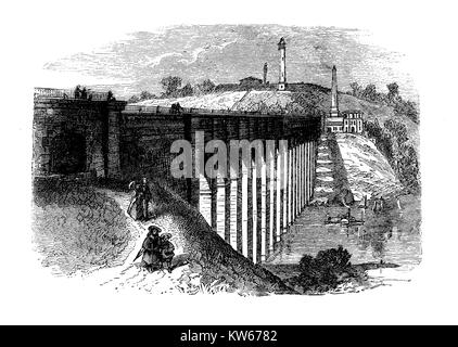 Vintage gravure de haut pont,à l'origine un pont en arc en pierre construit en 1848 dans le cadre de Croton aqueduc, le pont le plus ancien de la ville de New York - Bronx,140 ft.(43 mt) haut sur la Harlem River près de la haute tour de l'eau pont. Banque D'Images
