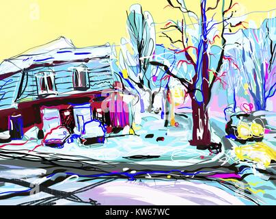 Peinture numérique de l'hiver magie paysage villageois, contemporain Illustration de Vecteur