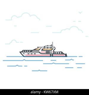 Yacht moderne dans la mer. Ligne mode illustration vectorielle. Gros bateau sur l'eau. Navire océanique concept. Transport de l'eau. Illustration de Vecteur