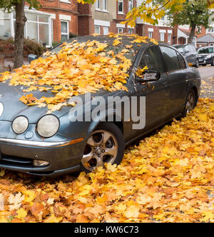 Sale, voiture abandonnée avec les feuilles d'automne sur son capot et pare-brise Banque D'Images