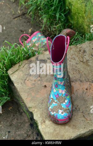 Une paire de bottes dans une fleur à l'extérieur gauche design maison sur un pas couvert de boue. Bottes boueuses flowery abandonnés sur porte pour le nettoyage. Banque D'Images