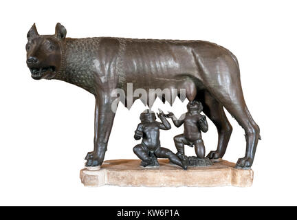 Le Musée Capitolin She-Wolf, une statue en bronze représentant un loup allaitant Romulus et Remus, les musées du Capitole, Rome, Italie Banque D'Images