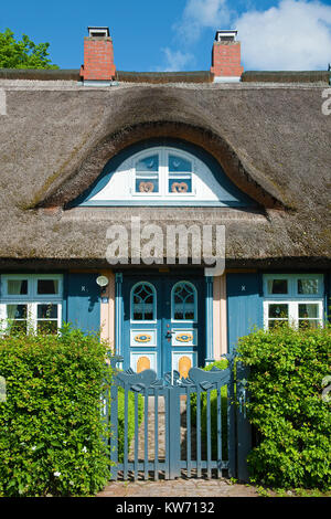 Peint couleur de porte d'une maison au toit de chaume à village né à Fischland Darss,, Mecklembourg-Poméranie-Occidentale, de la mer Baltique, l'Allemagne, de l'Europe Banque D'Images