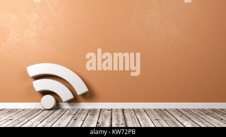 Flux RSS Podcast blanc forme de symbole sur un plancher en bois contre le mur orange avec Copyspace 3D Illustration Banque D'Images