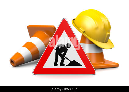 Site de construction, Casque, cônes de circulation et en construction Roadsign isolé sur fond blanc le rendu 3D Banque D'Images