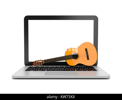 Ordinateur portable avec une guitare classique sur le clavier 3d illustration sur fond blanc Banque D'Images