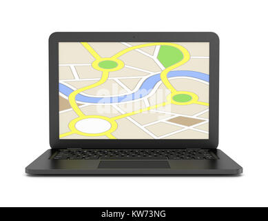 Ordinateur portable noir avec une carte de navigation sur l'écran 3D Illustration on White Banque D'Images