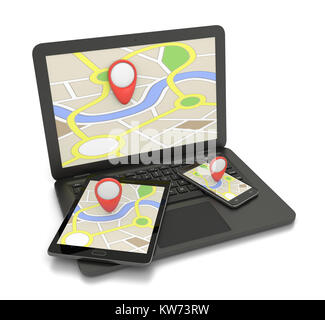 Ordinateur portable, Smartphone et tablette PC avec une carte de navigation sur l'écran sur fond blanc 3D Illustration Banque D'Images