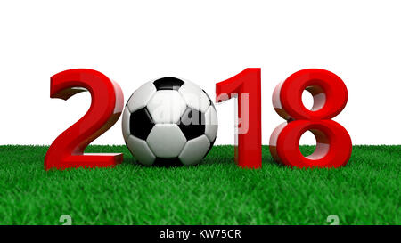 Nouvelle année 2018 avec football soccer ball on grass, fond blanc. 3d illustration Banque D'Images