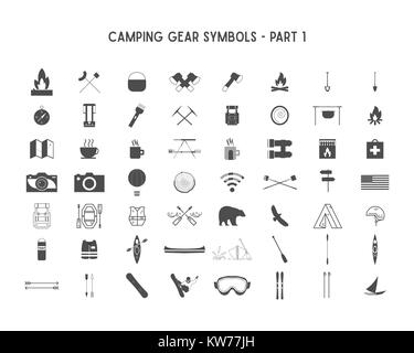 Ensemble d'icônes et de silhouette avec différentes formes de l'équipement de plein air, le camping des symboles pour créer des logos, de l'aventure d'un insigne conçoit, utiliser en infographie, Banque D'Images