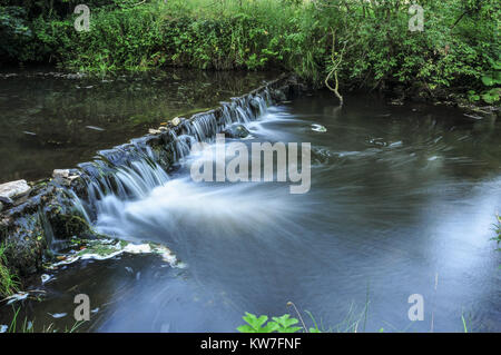 La rivière Dove circulant sur un petit barrage de la vallée boisée de Beresford Dale dans le parc national de Peak District, England, UK Banque D'Images