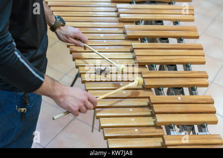 Xylophone, instrument à percussion concept - gros plan sur les barres en bois avec quatre maillets de mains humaines Banque D'Images